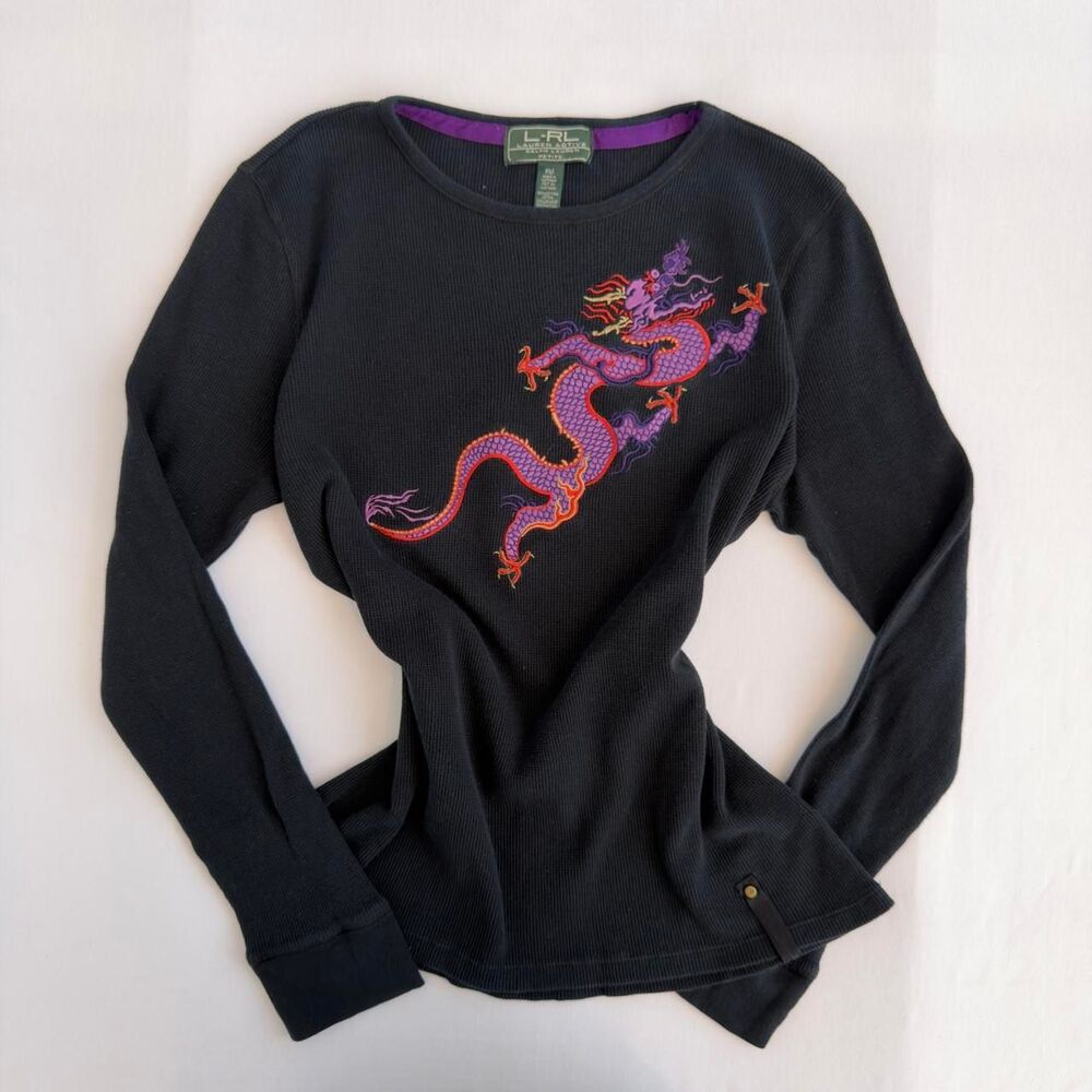 Vintage Ralph Lauren Active Dragon Embroidered Waffle Knit Thermal Petite M